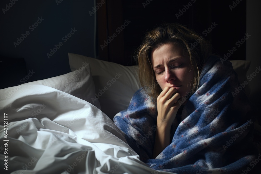 A woman resting peacefully in bed, wrapped in a cozy blanket A woman resting peacefully in bed, wrapped in a cozy blanket