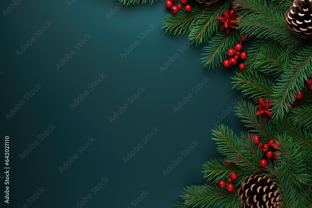 Pine cones and red berries on a vibrant green background
