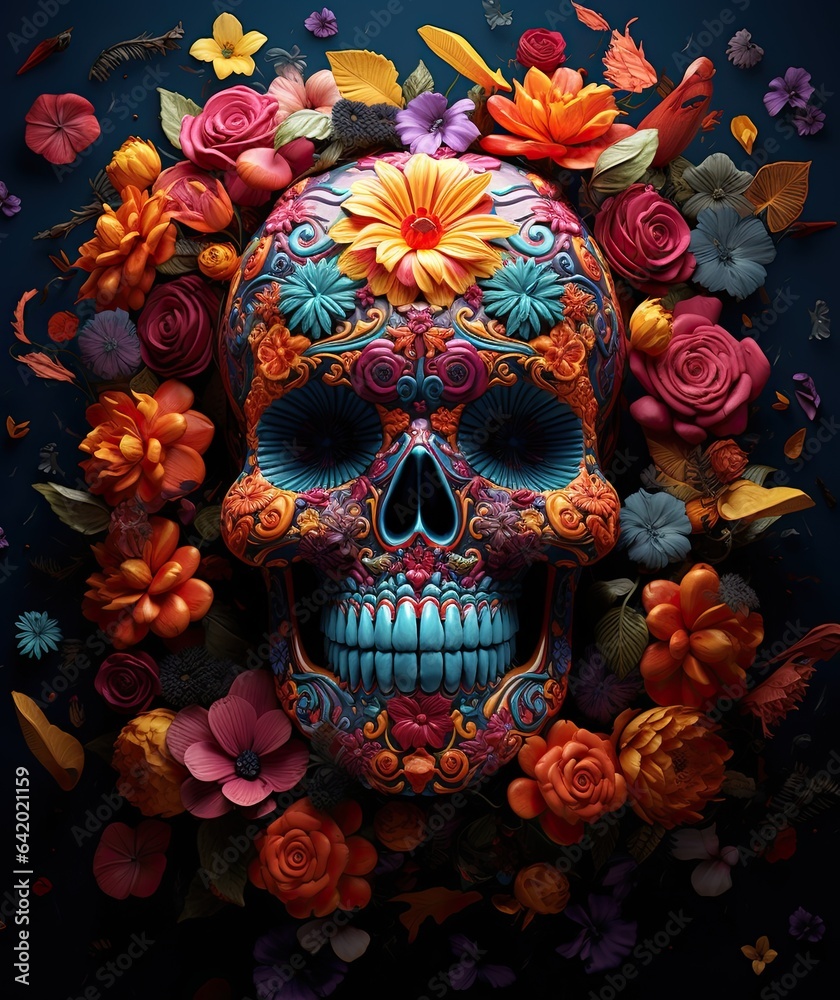 Skull and Flowers Day of The Dead on dark background. Generative AI