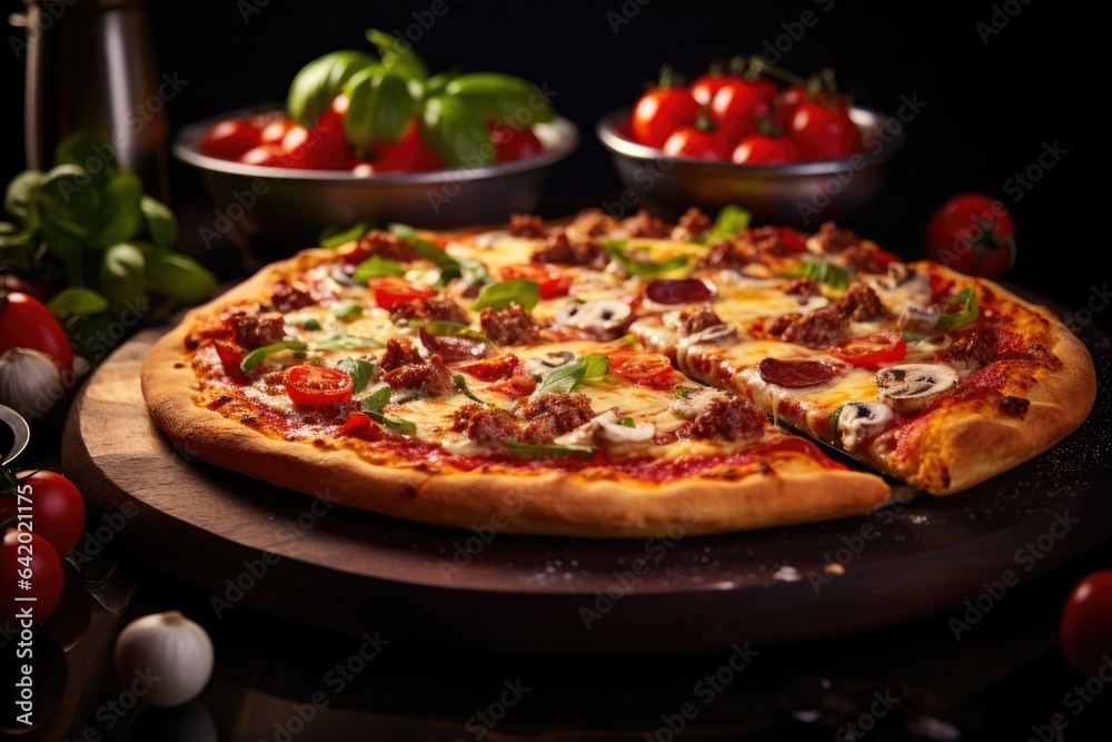 A delicious pizza on a rustic wooden cutting board A delicious pizza on a rustic wooden cutting board