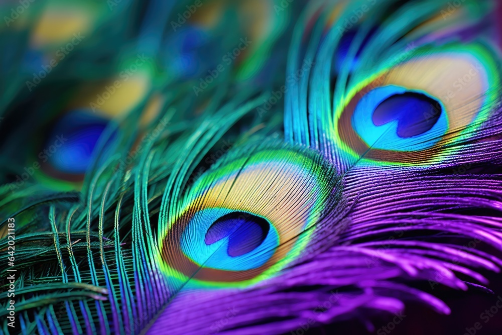 Naklejka premium A vibrant peacock feather with a striking purple backdrop