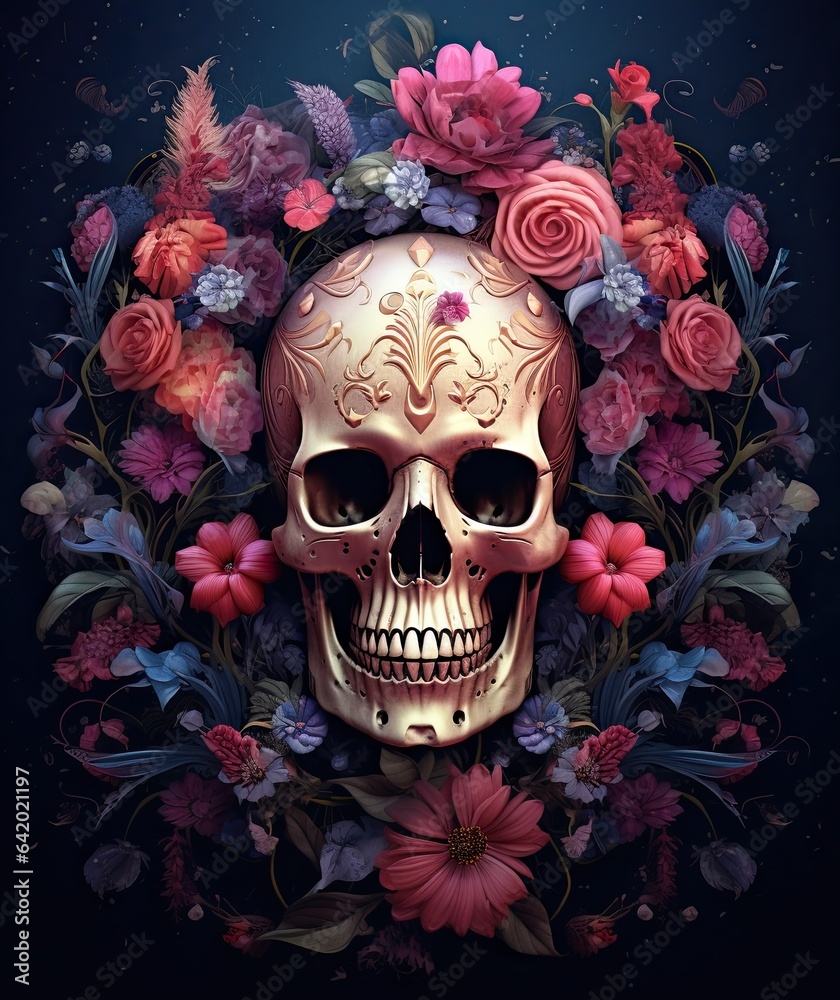 Skull and Flowers Day of The Dead on dark background. Generative AI