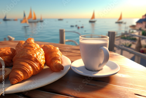 Freshly Baked French Pastry and Coffee on Table.