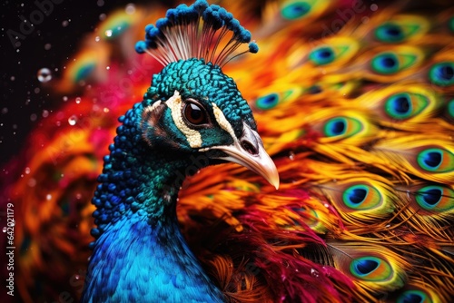 A vibrant peacock displaying its majestic plumage in close-up