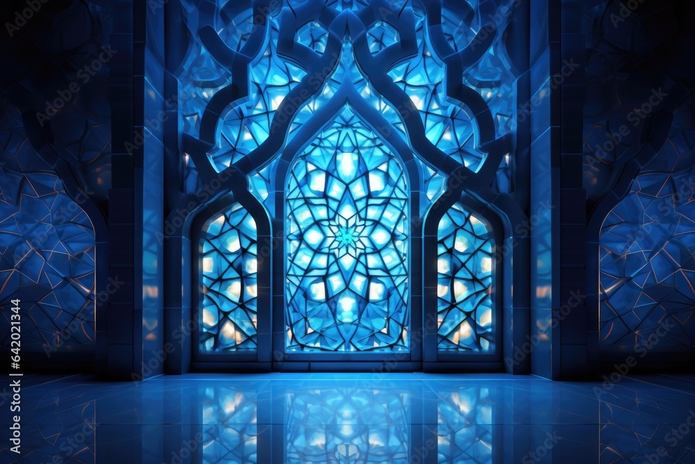 A blue window with a reflection on the floor