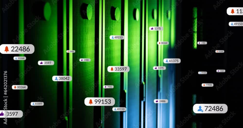 Animation of notification with numbers icons over data server racks Animation of notification with numbers icons over data server racks