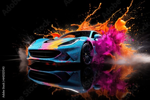 A vibrant blue sports car with a stunning and eye-catching paint job photo