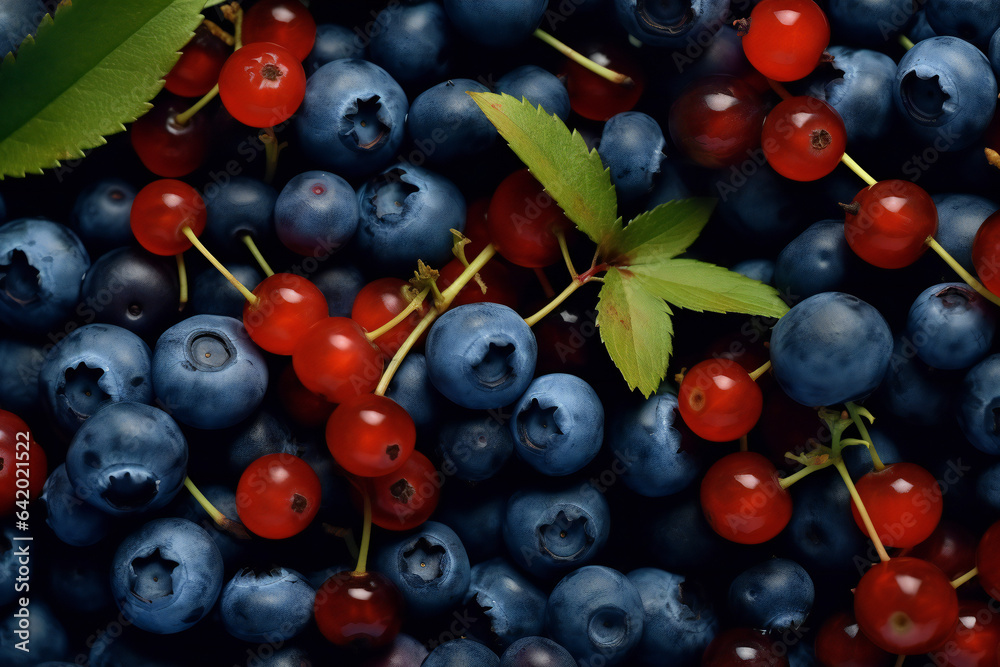 Ripe Red Berry Close-up with Juicy Blueberries and Huckleberries on Leaf. Ripe Red Berry Close-up with Juicy Blueberries and Huckleberries on Leaf.