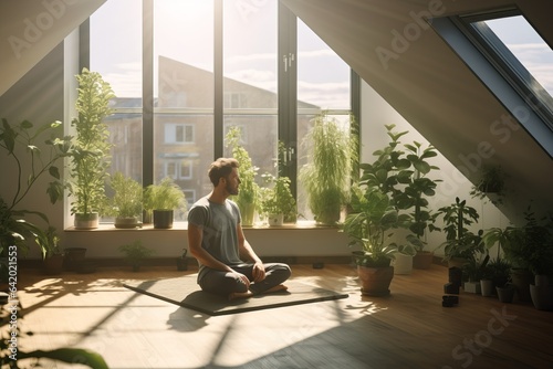 A young man in a training top t-shirt and joggers sitting in yoga asana lotus pose meditating in a sunlit room with green plants
