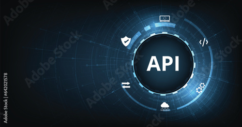Application Programming Interface (API). Software development tools, information technology, modern technology, internet, and networking concepts on a dark blue background.	