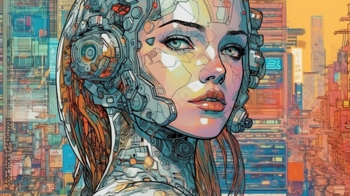 Portrait of a beautiful cyborg girl with a built-in headset. Fantasy concept , Illustration painting.