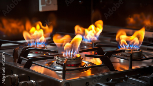 Close-up of a Blue Flame Burning on a Gas Stove in the kitchen
