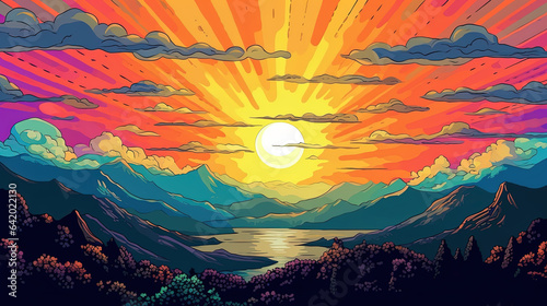 Magnificent sunrise over the mountains with colorful clouds. Fantasy concept , Illustration painting. © X-Poser