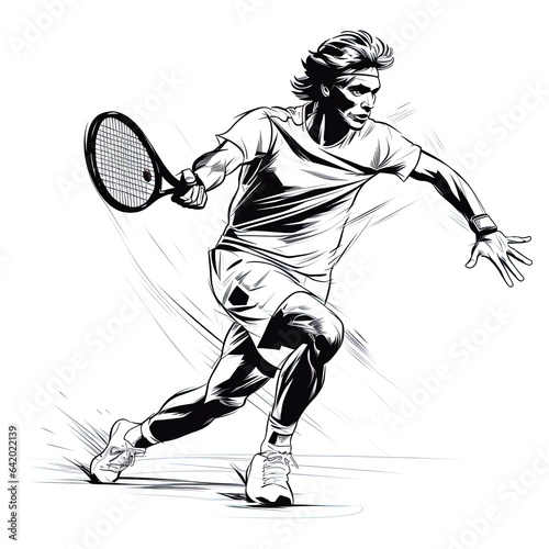 Tennis player, hitting the tennis ball. Line art, lines only. Illustration