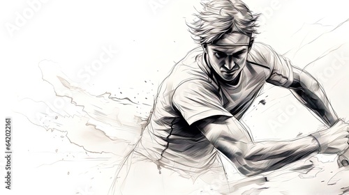 Tennis player, hitting the tennis ball. Line art, lines only. Illustration