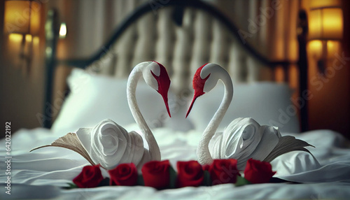 Two swans made from towels are kissing on honeymoon white bed. Valentine signature made from red rose flower on bed decoration in bedroom. Ai generated image photo