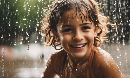 Beautiful day  portrait of happy children playing in the rain