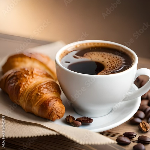 breakfast cup of coffee croissant morning neutral  background