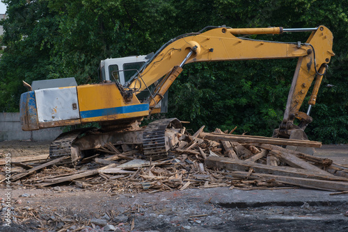 Yellow excavator. Break time at work.