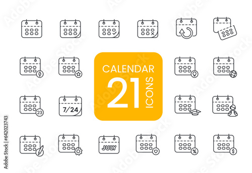 Calendar and time thin line icon. Minimal flat vector illustration. Included simple outline icons as schedule, reminder, appointment, planner, event time, timer, clock.