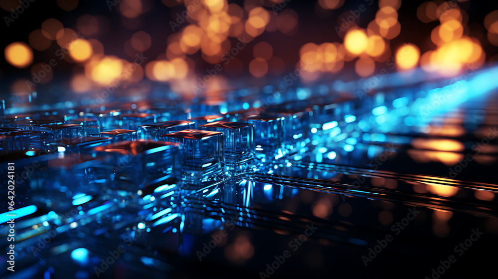 blockchain technology with connectivity dark blue background with orange sparkles, data network wallpaper