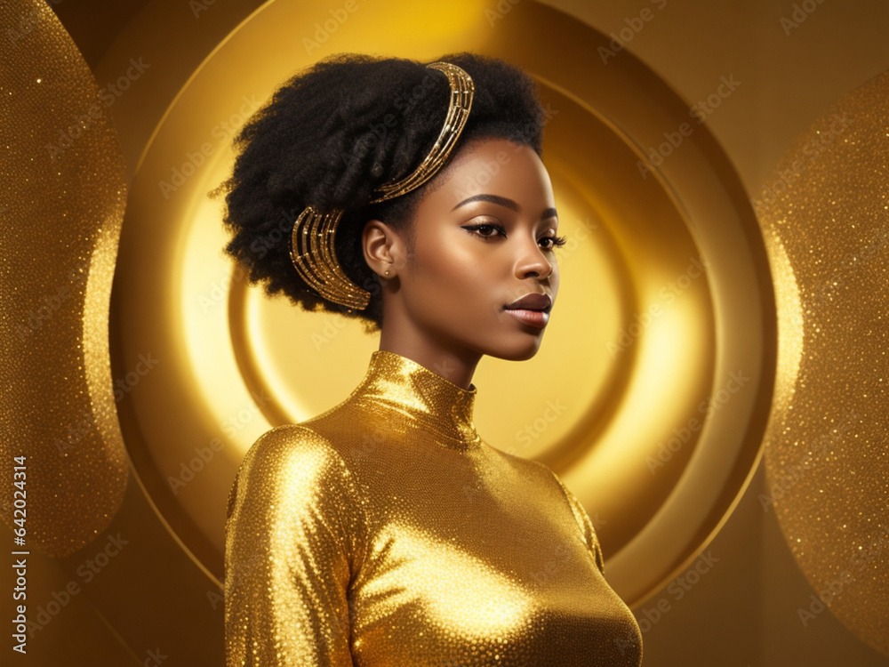"Golden Elegance: AI-Generated African American Woman in Luxurious Gold ...