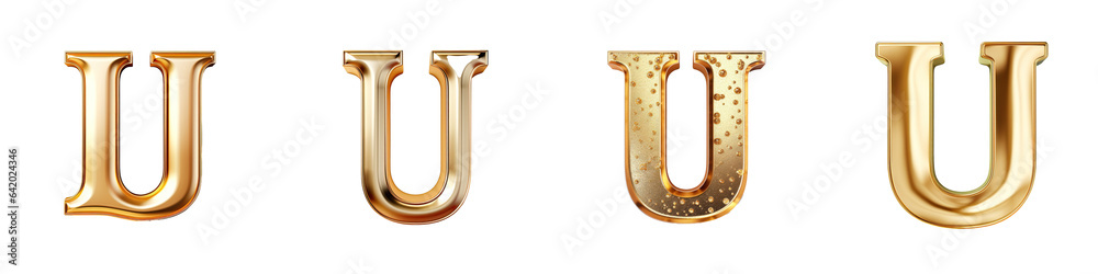 Golden metallic lowercase U with a glossy smooth gold finish and antique font style isolated on a transparent background Golden metallic lowercase U with a glossy smooth gold finish and antique font style isolated on a transparent background