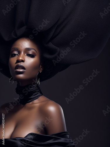 "Afro Elegance: Stunning Woman with Big Afro Hair Wrapped in Black Silk - Dynamic Composition and Dramatic Lighting for Fashion Editorial Concept."