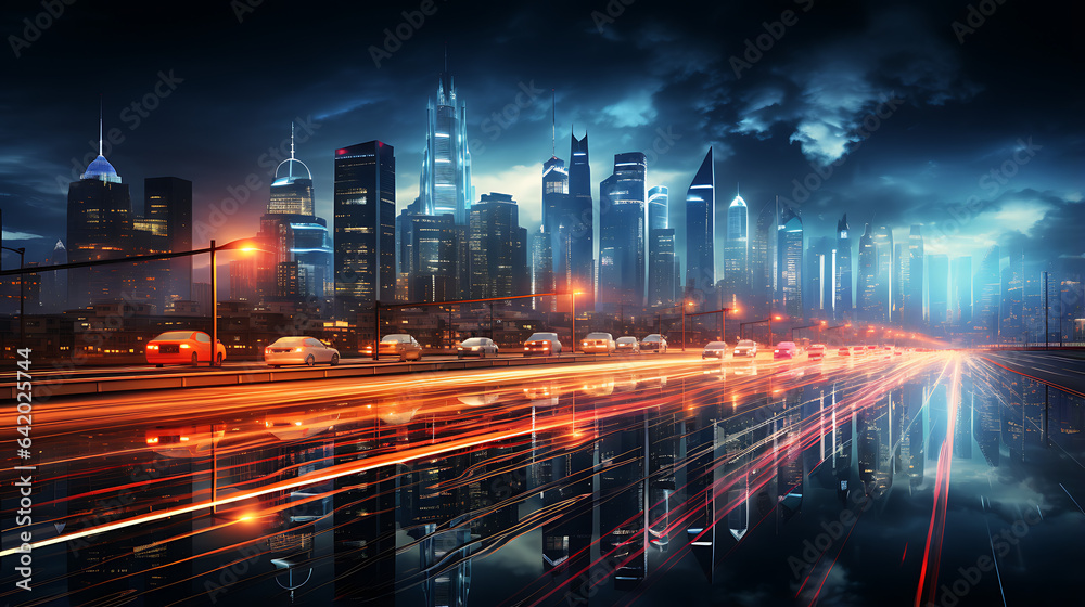 Vehicles moving into the new york city, city of skyline, aurora sky, night city with motion effects and vehicle trails