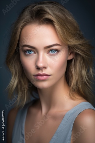 studio portrait of a beautiful young woman posing with an unplucked eyebrow against a grey background photo