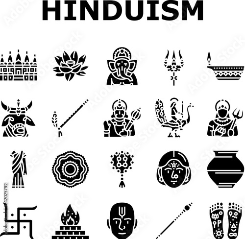 hinduism india hindu god religion icons set vector. indian lord statue, om ganesha, vishnu ganesh, krishna idol, religious hinduism india hindu god religion glyph pictogram Illustrations