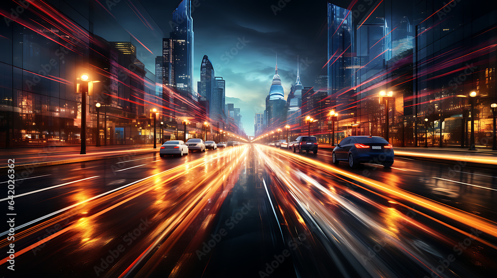 vehicle light trails on the night city, reflection on the road, night life, city of skyline colorful wallpaper