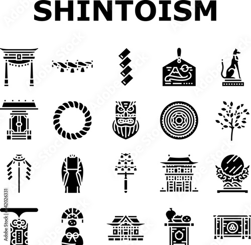shinto japan japanese temple icons set vector. asia, asian torii, shintoism hiroshima, miyajima itsukushima, architecture travel shinto japan japanese temple glyph pictogram Illustrations
