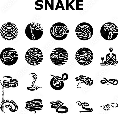 snake black serpent viper cobra icons set vector. python anaconda, animal tattoo, cute mamba, skin reptile, jungle wild snake black serpent viper cobra glyph pictogram Illustrations