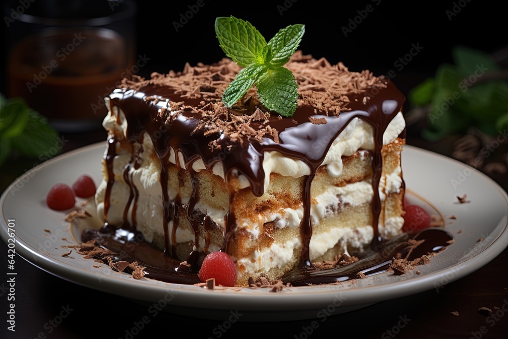 tiramisu on a plate at table in a side view tiramisu on a plate at table in a side view