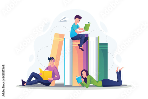 Literacy day concept with people scene in the flat cartoon design. In honor of the literary holiday, the students decided to devote the whole day to reading books. Vector illustration.