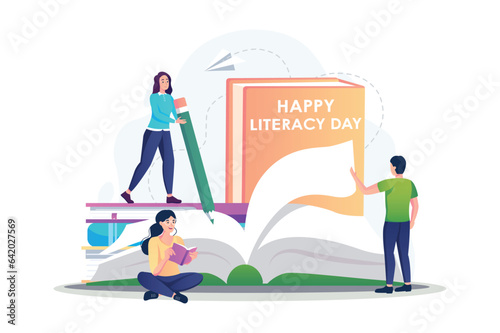 Literacy day concept with people scene in the flat cartoon design. Students write a script for the celebration of World Literature Day. Vector illustration.