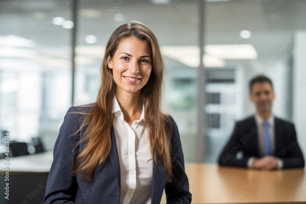 smiling professional middle aged business woman standing in office and looking at camera smiling professional middle aged business woman standing in office and looking at camera