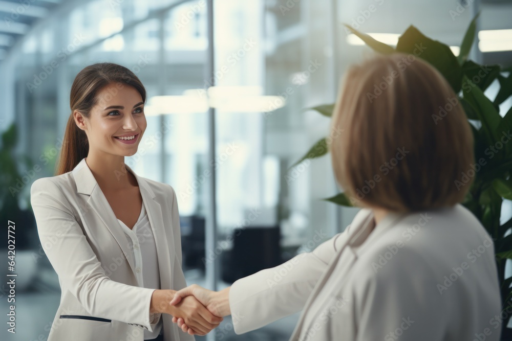happy smiling business woman shaking hand and greeting client in office happy smiling business woman shaking hand and greeting client in office