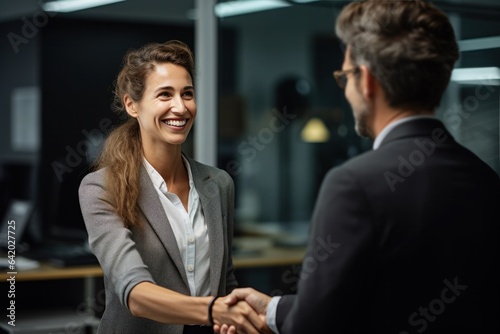 happy smiling business woman shaking hand and greeting client in office