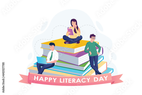 Literacy day concept with people scene in the flat cartoon design. Students and teachers are preparing for the celebration of the literary festival. Vector illustration.