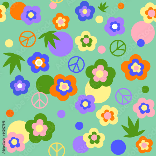 Seamless pattern in hippie style with  pacific, colorful flowers and circles on a turquoise background