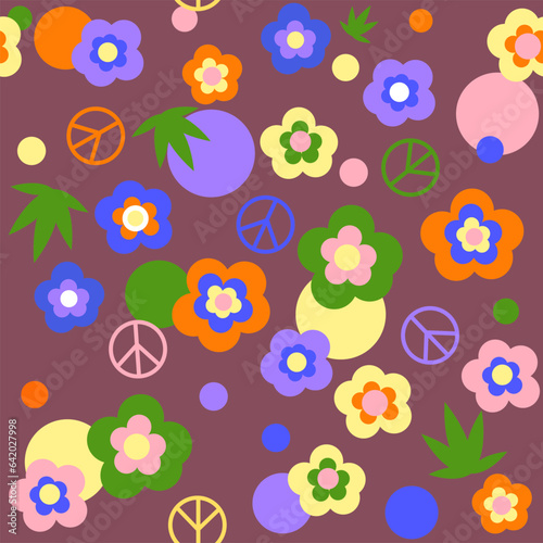 Seamless pattern in hippie style with  pacific, colorful flowers and circles on a burgundy background