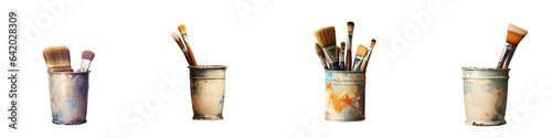 Vintage tin cup with painter s bristle placed on it transparent background