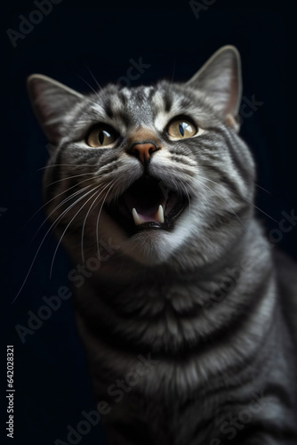 Playful Domestic Cat Portrait on Black Background. © cohesion