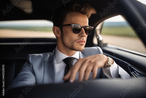 attractive businessman wearing sunglasses sitting in car © drimerz
