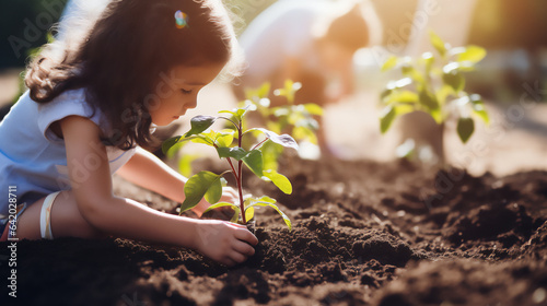 Child Planting a Plant. Ecology and Environment. Ai generative. photo