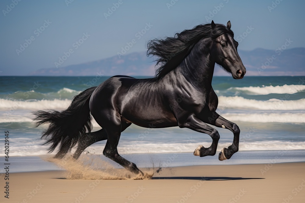 Black Horse Galloping on Sandy Seashore - Speed and Freedom Black Horse Galloping on Sandy Seashore - Speed and Freedom