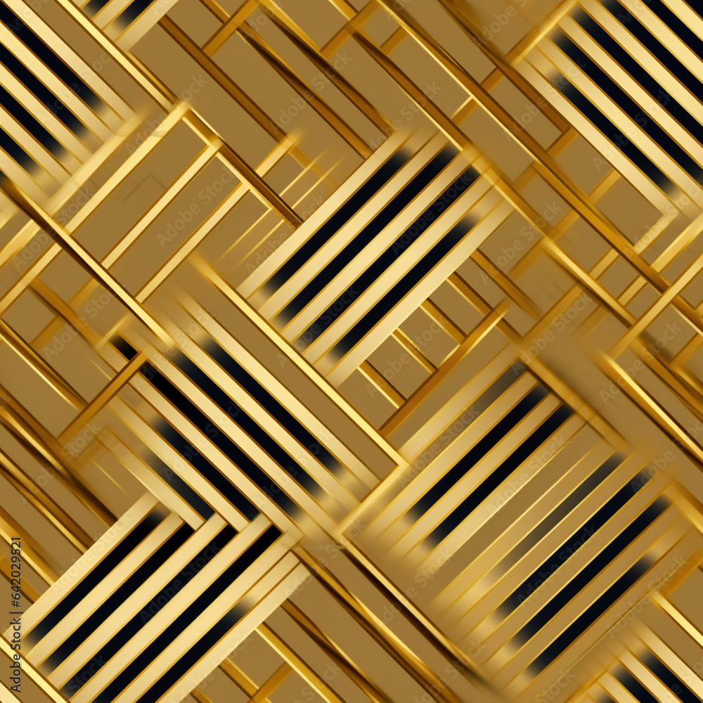 Naklejka premium tapeta tło złote metaliczne linie na czarnym tle - wallpaper seamless endless pattern gold metallic lines on a black background - AI Generated