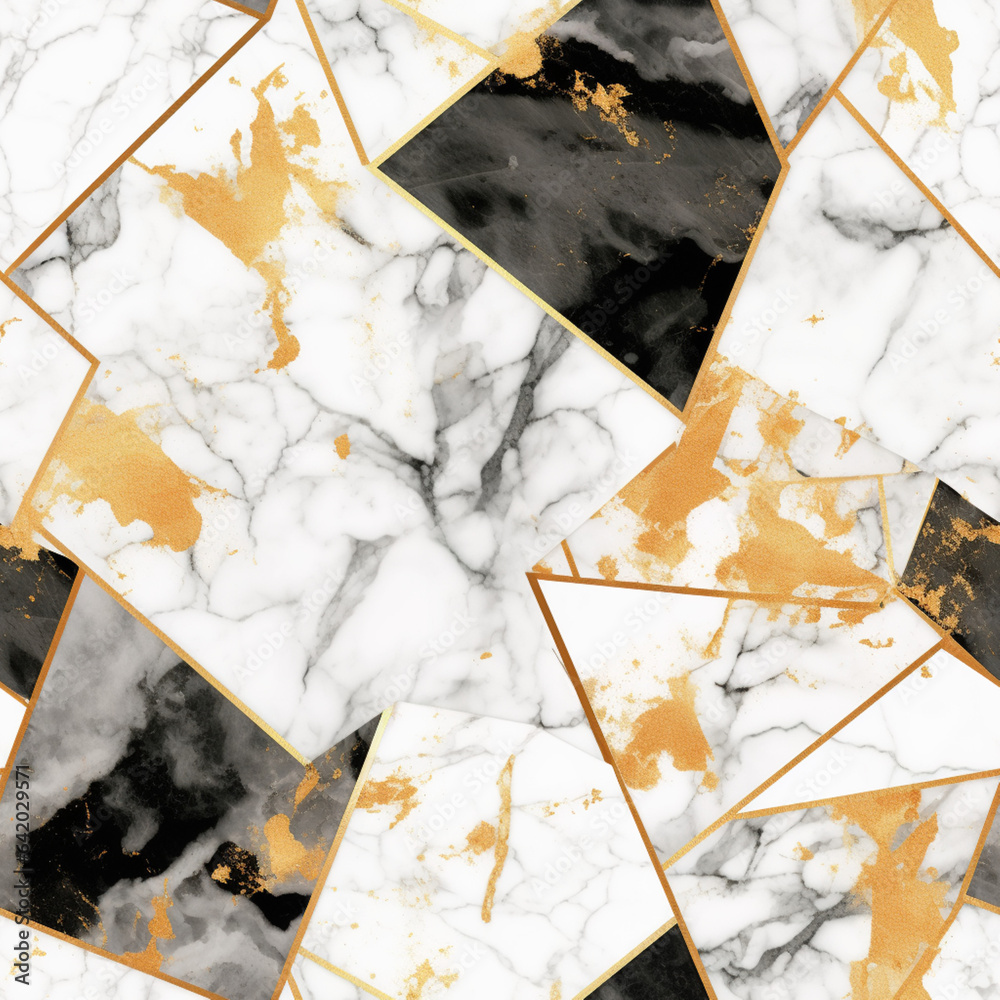 marmurowe kafelki tło białe czarne złote - tapeta marble luxury background white black gold - wallpaper - AI Generated - obrazy, fototapety, plakaty 